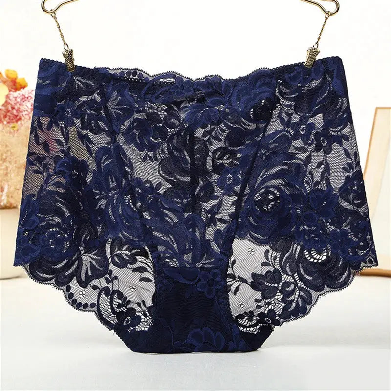 Lace high-waist panties for women, navy blue floral pattern, plus size