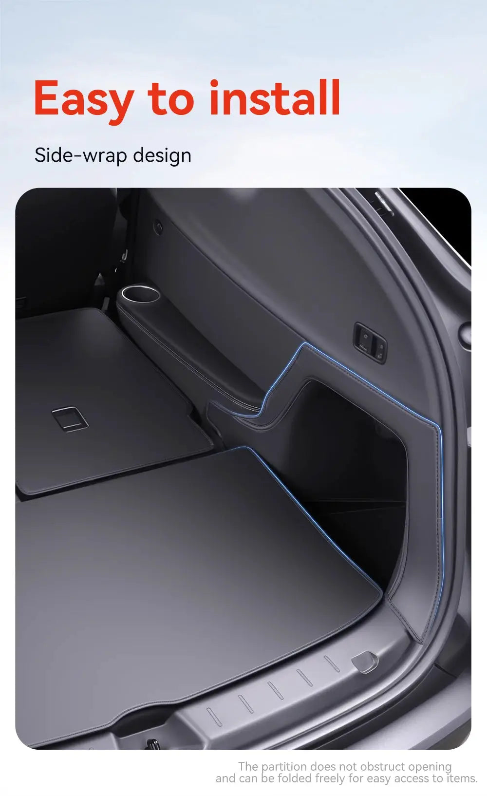 Trunk liner mat for Tesla Model YL Juniper 2026, Nappa leather, all-weather, full-coverage with blue stitching.
