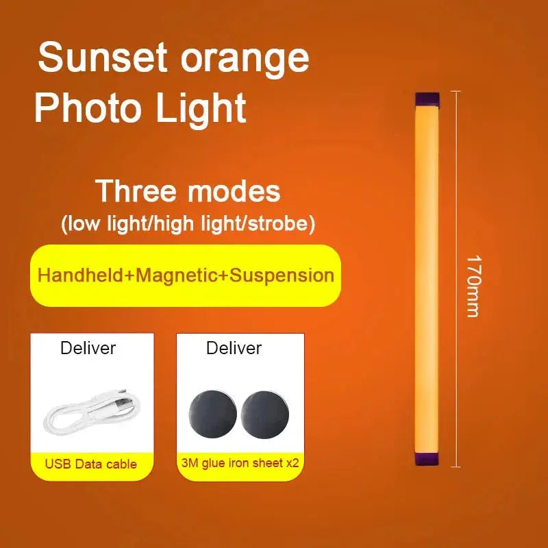 Sunset orange photo light with three modes (low/high/strobe), USB data cable and 3M glue iron sheets x2, 170mm tall.