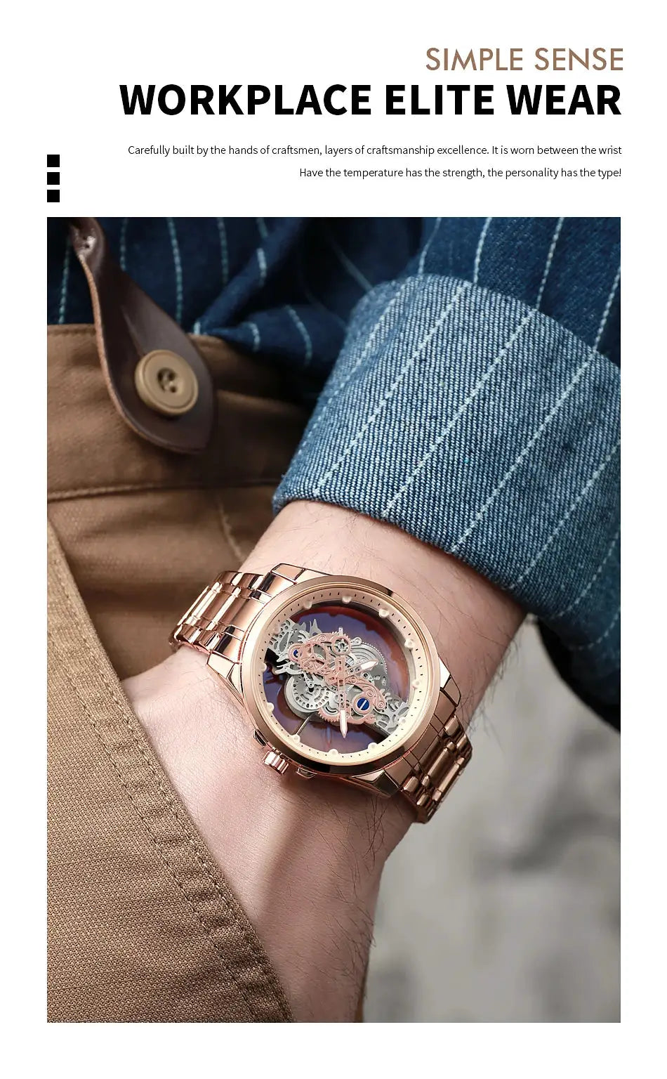 Men's gold skeleton automatic wristwatch by Simples Market with rose-gold metal bracelet