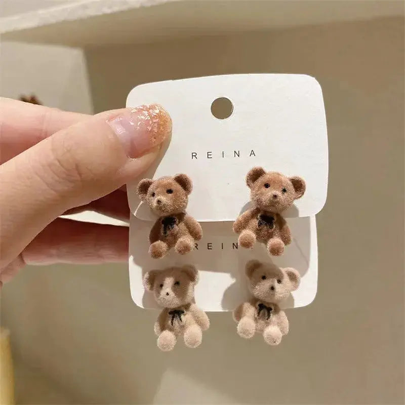New Design Cute Flocking Plush Rabbit Stud Earrings For Women Korean Fashion Brown Jewelry Gift Party