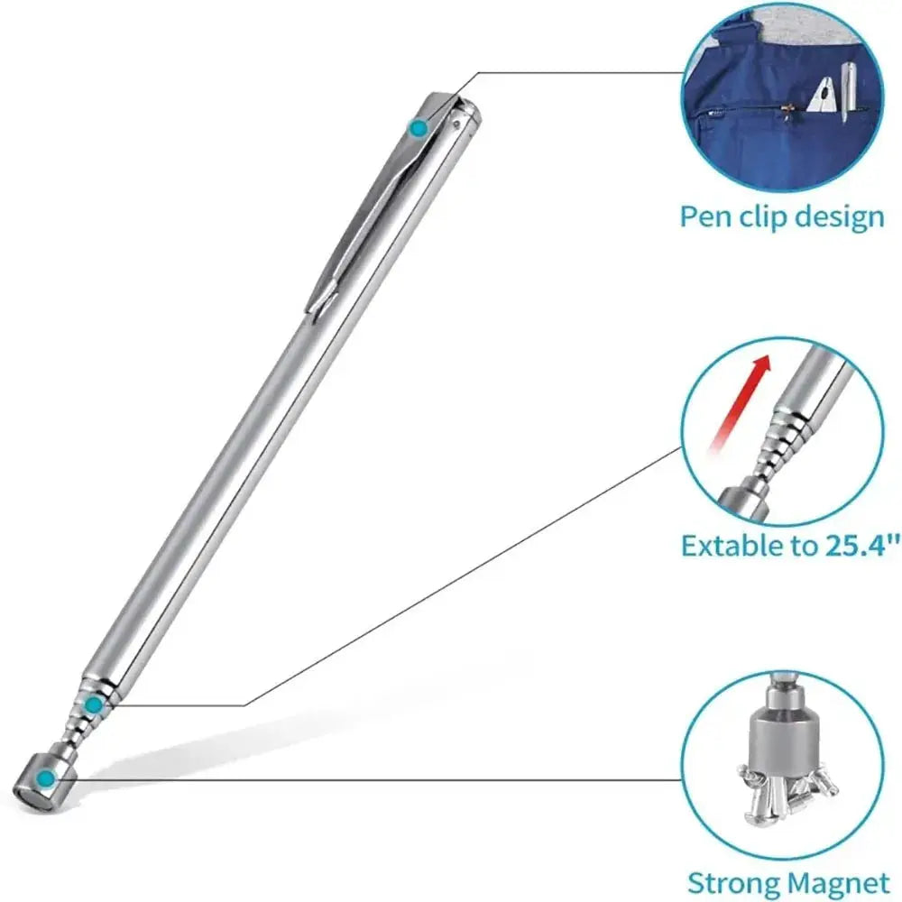 Extendable Magnetic Pickup Tool With Pen Clip Retractable Rod For Tight Spaces Portable Silver Hand Tool