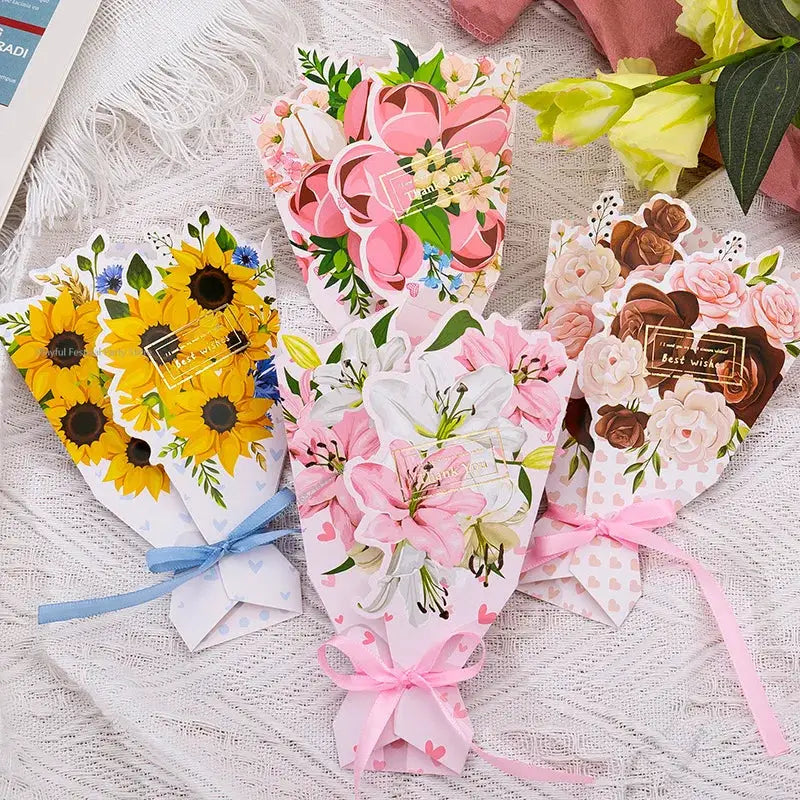 3D Carnation Floral Bouquet Greeting Card Postcard Exquisite Birthday Mothers Day Teachers Day Thanksgiving