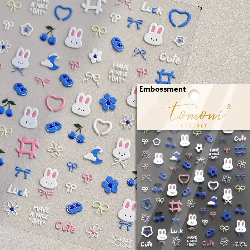Pink translucent jelly 5D embossed nail art stickers; self-adhesive bunny, flowers and fruit motifs by Simples Market