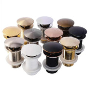 Simples Market bathroom pop-up drain stoppers in assorted finishes (brushed gold, black, white, rose gold, gold, chrome)