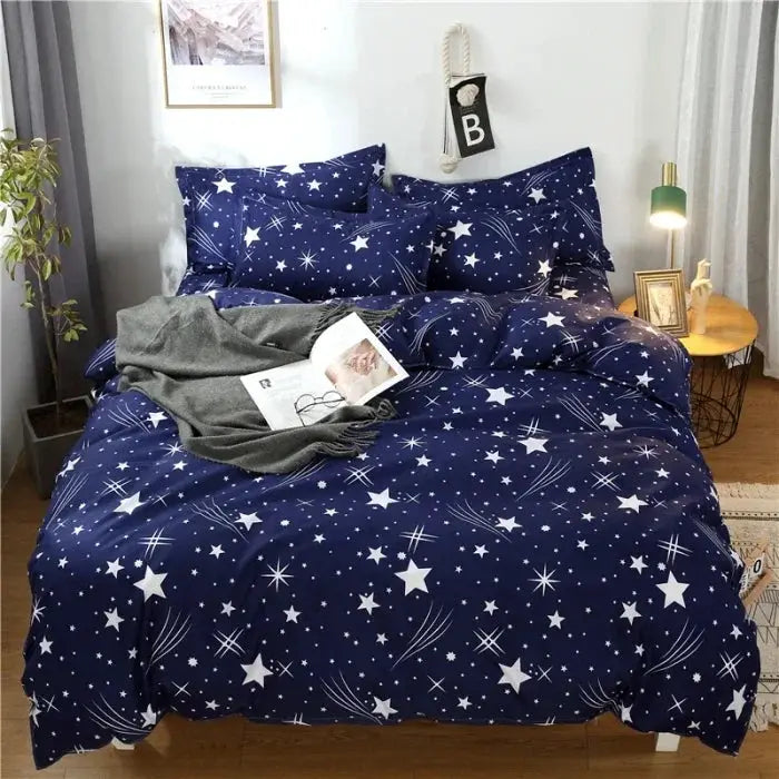 Starry navy cotton bedding four-piece set with matching pillowcases