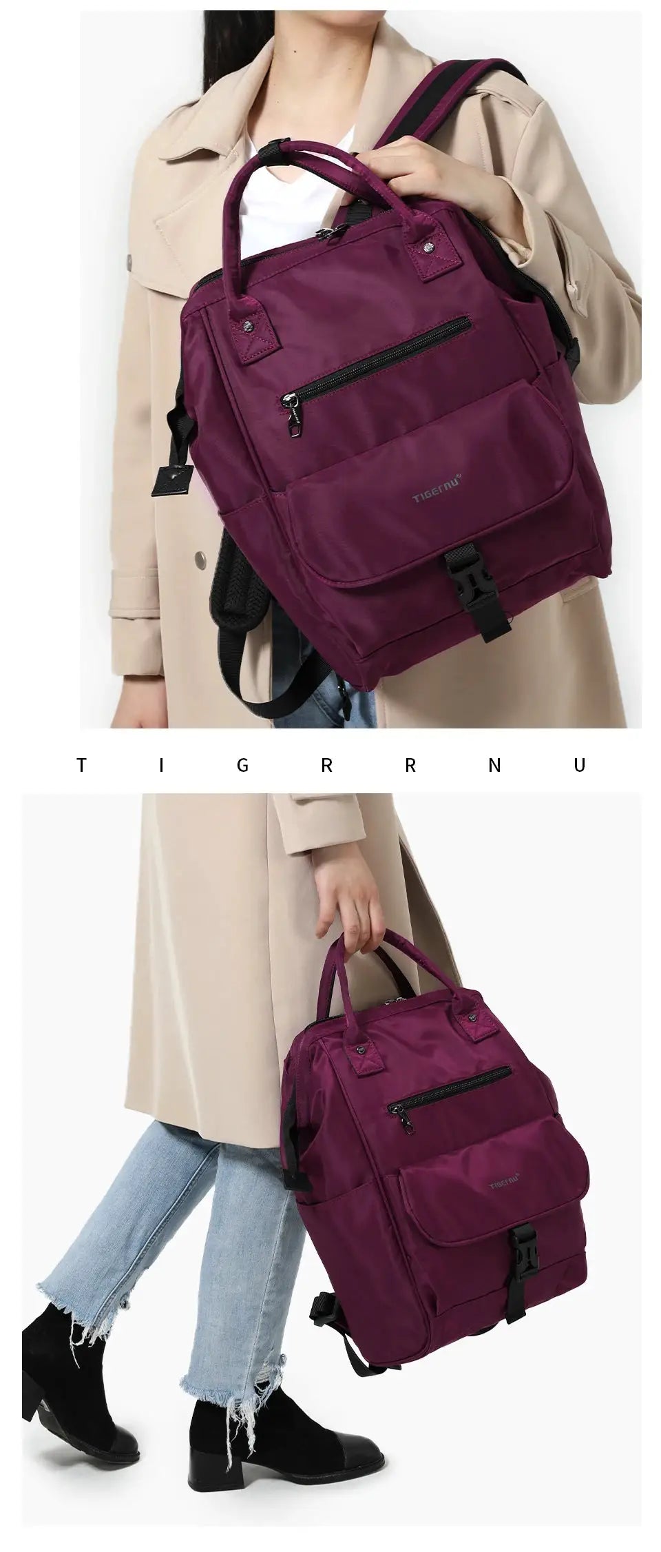 Tigernu ladies casual backpack, purple splashproof TPU with front zip pocket