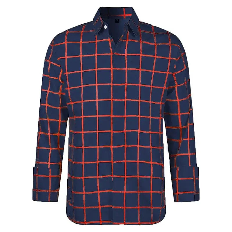 Men's long sleeve plaid shirt in navy with red grid pattern, casual unisex top.