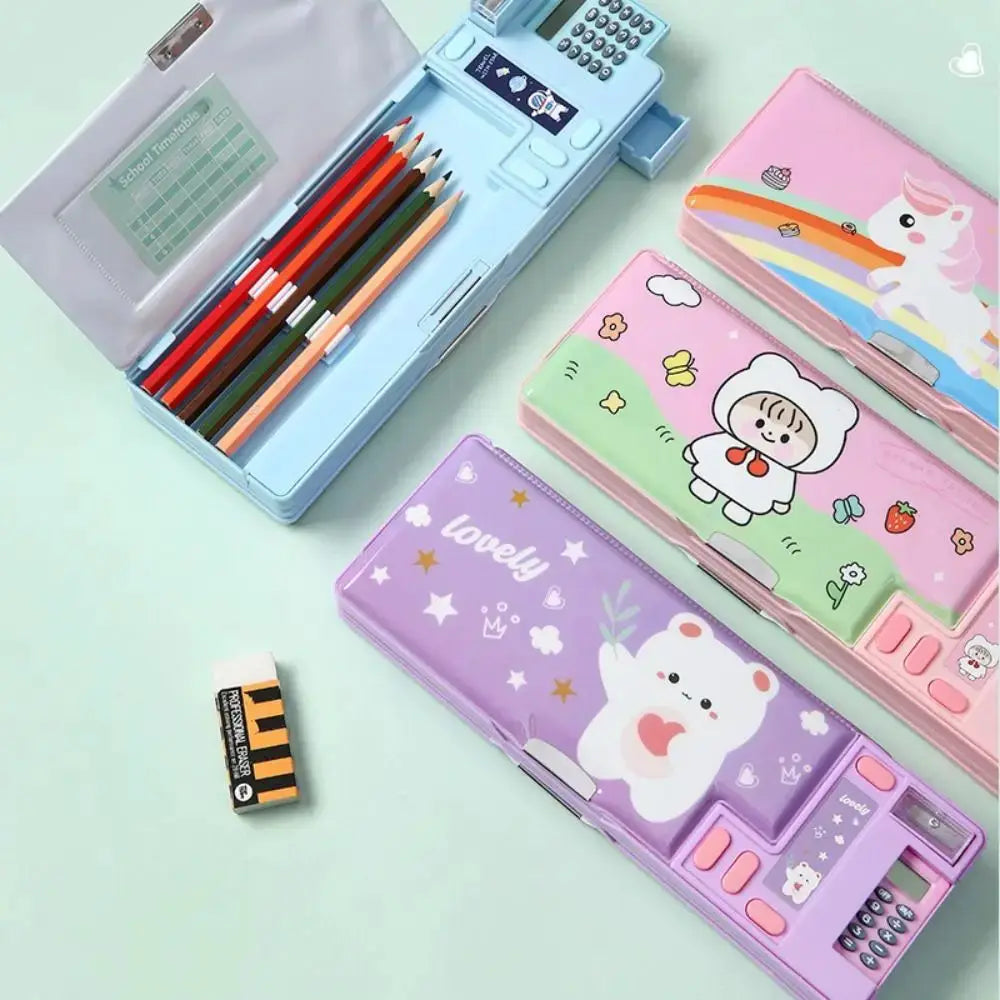 Simples Market plastic pencil case with calculator and sharpener; light blue, double-sided, multi-functional design