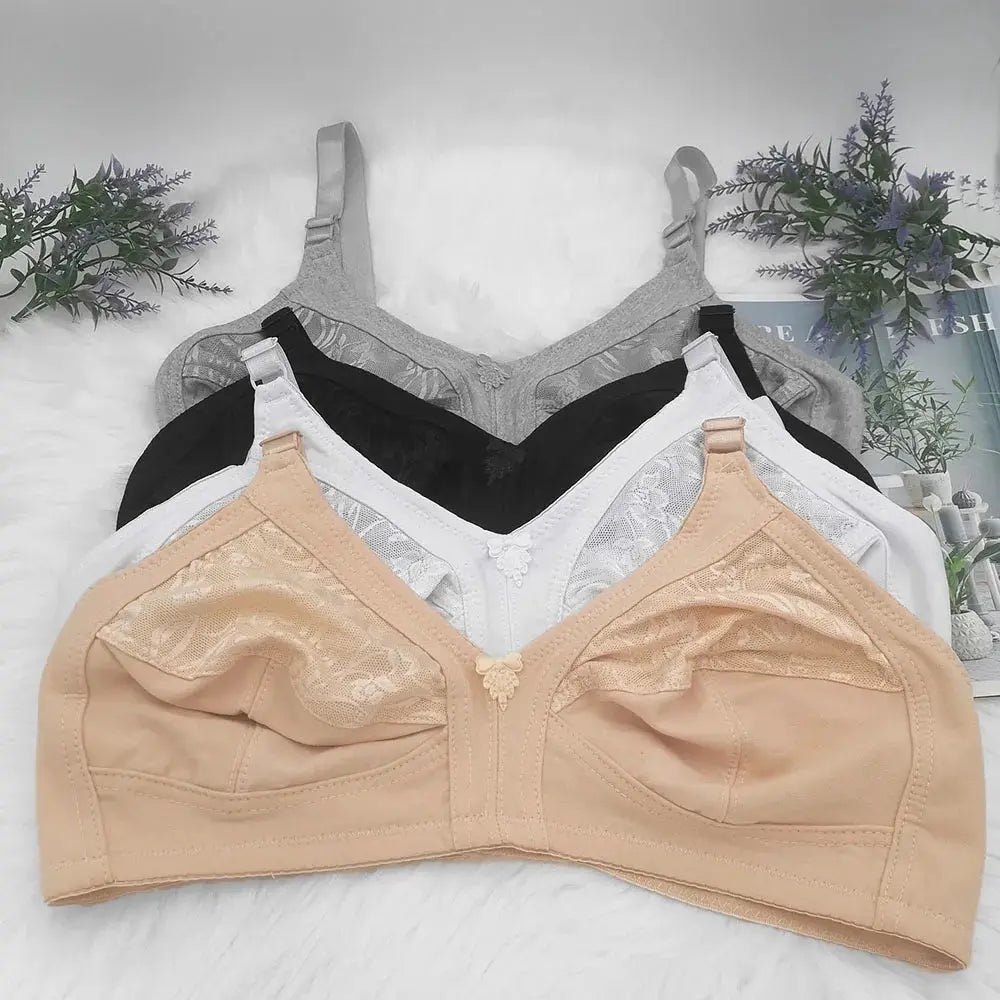 Plus-size bra set, 4-pack in beige, white, black, and gray with lace trim cups