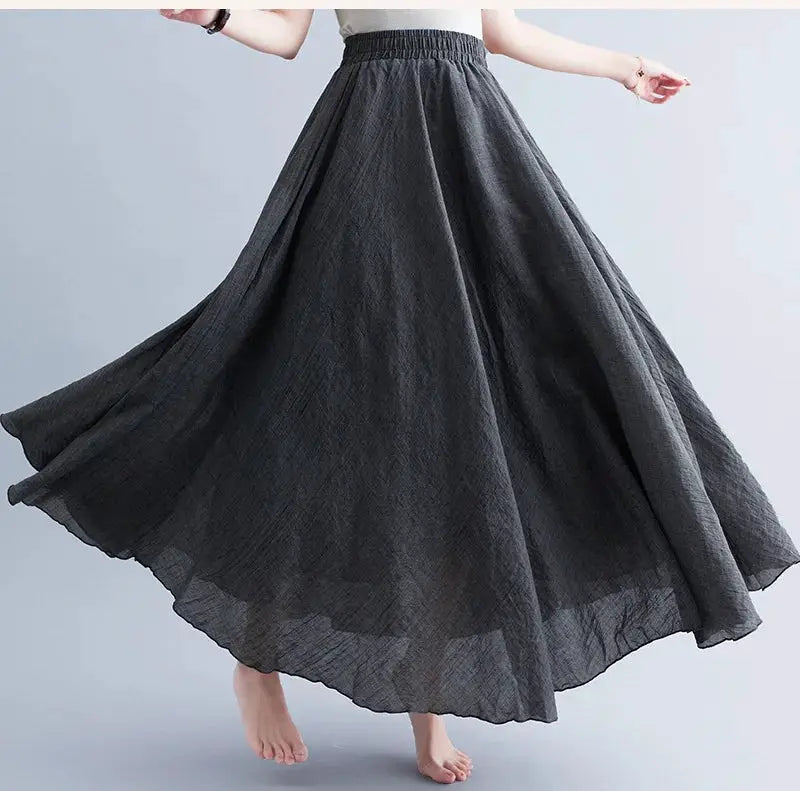 Long charcoal gray Mori Girl cotton-linen skirt with elastic waist, flowing A-line silhouette — Simples Market