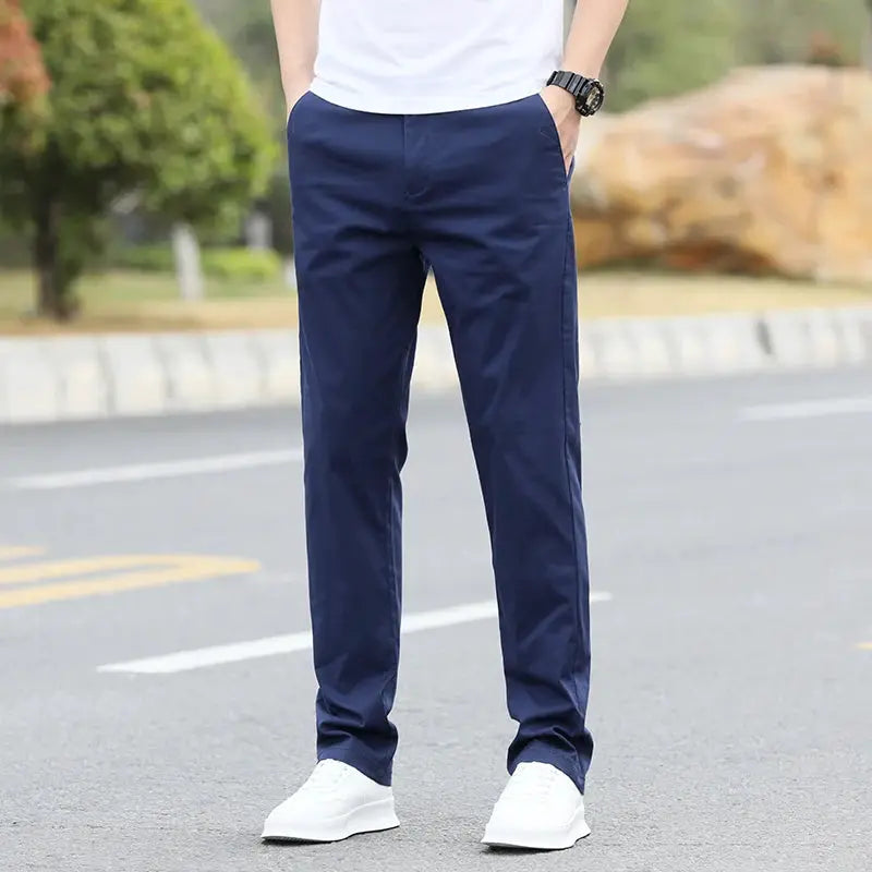 Men's navy cotton chinos with breathable straight-leg fit, sizes W28-W40