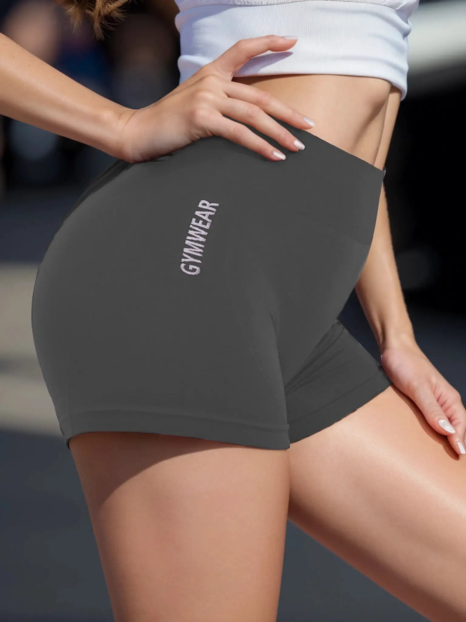 Women's fitness shorts, gray high-waist, breathable stretch fabric with GYMWEAR logo