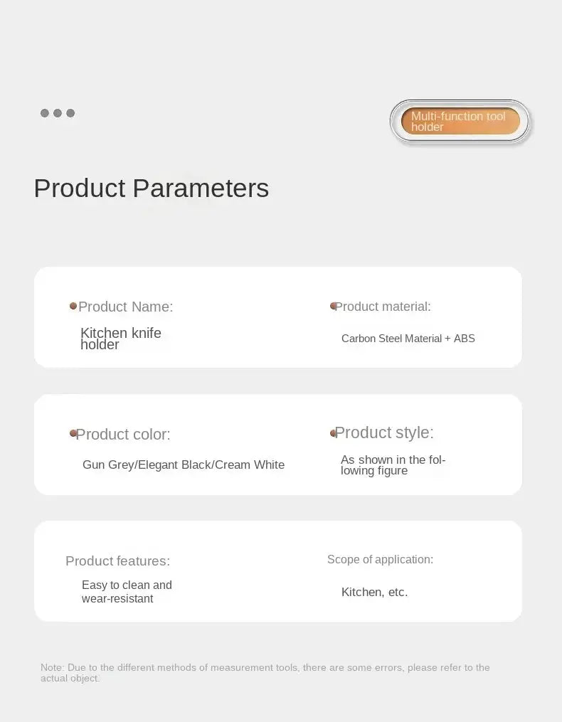 Kitchen knife holder product parameters: wall-mounted tool shelf, carbon steel + ABS, Gun Grey/Elegant Black/Cream White.