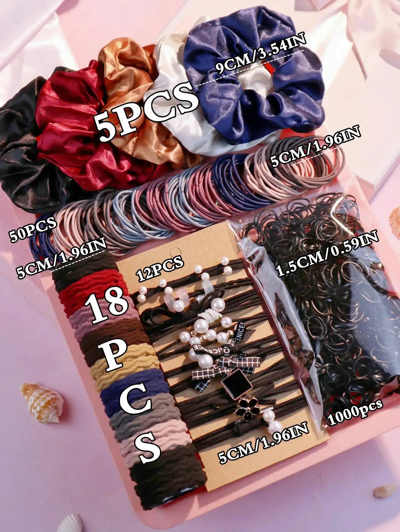 Simples Market 1085pcs hair accessories set - assorted scrunchies, ponytail holders and hair ties.