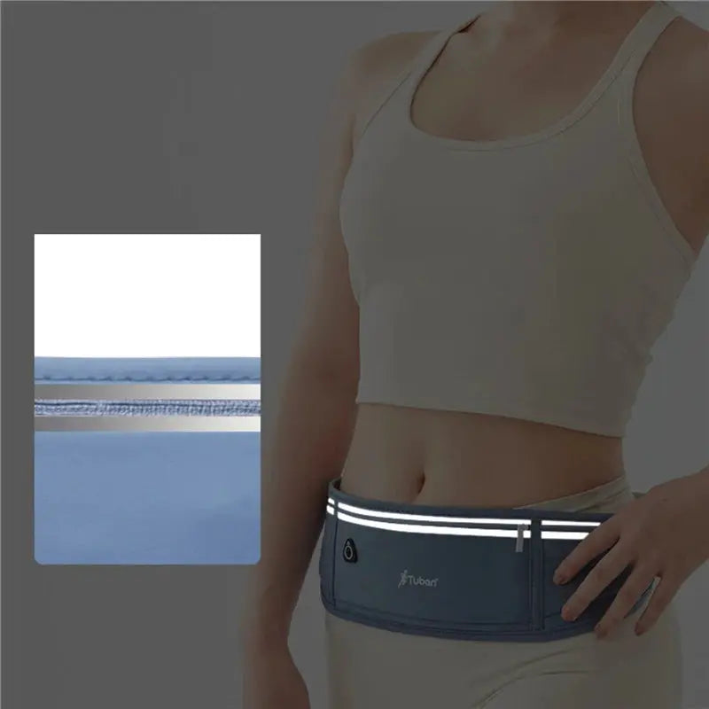 Outdoor waterproof invisible waist pack for running, blue Simples Market waist belt with reflective stripes.