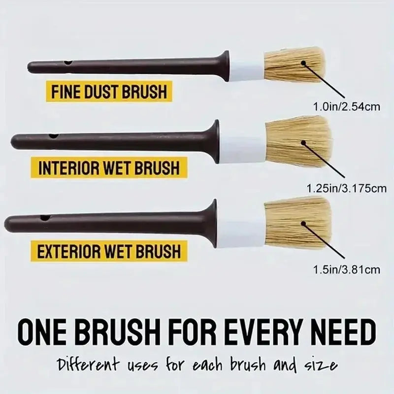 Three Piece Car Exterior And Interior Detail Brush Set With Boar Hair Bristles For Auto Detailing And Dashboard Cleaning