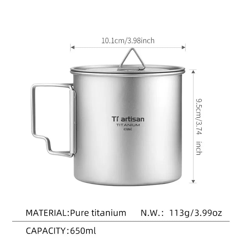Tiartisan titanium mug with folding handle, 650ml capacity, lightweight camping cup