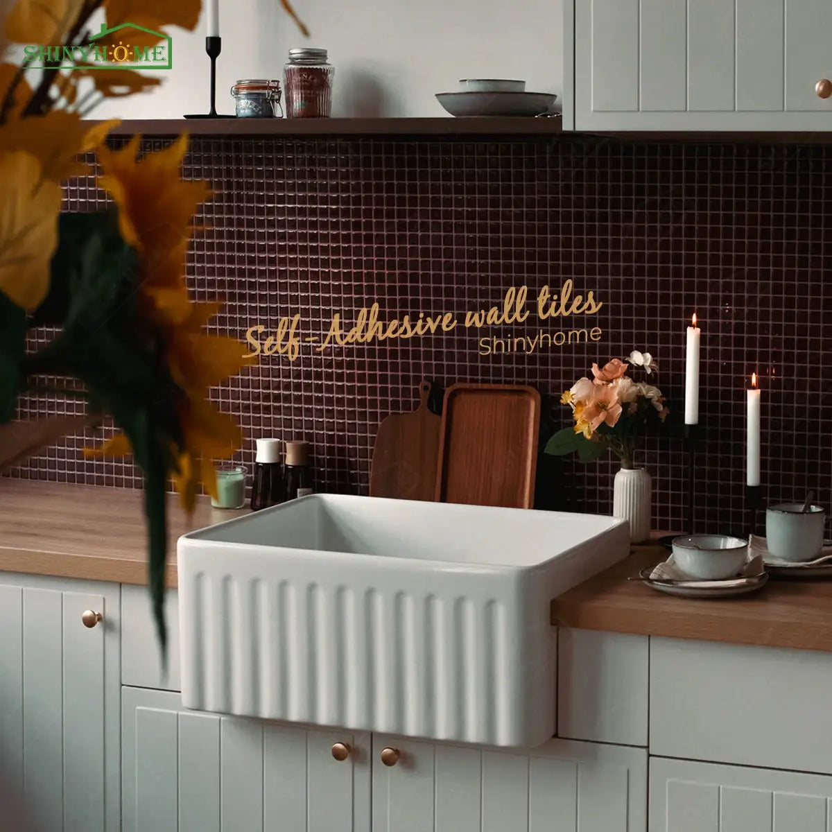 Self-adhesive kitchen wall tiles, 10.5x10.5 in square, dark burgundy 3D mosaic; Shinyhome watermark
