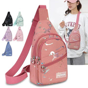 Pink chest bag crossbody sling backpack with colorful splatter pattern; shown in six color variants.