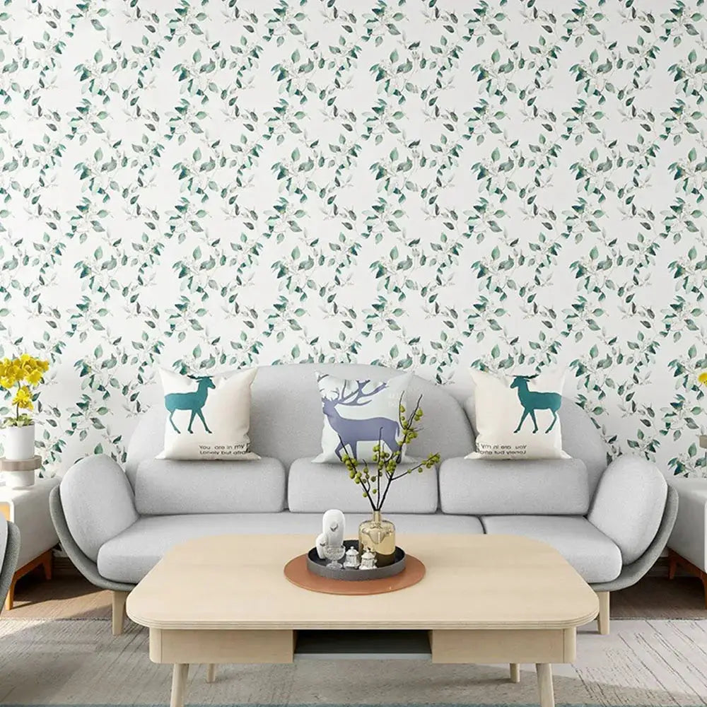 Floral grey self-adhesive wallpaper roll with green leaf pattern.