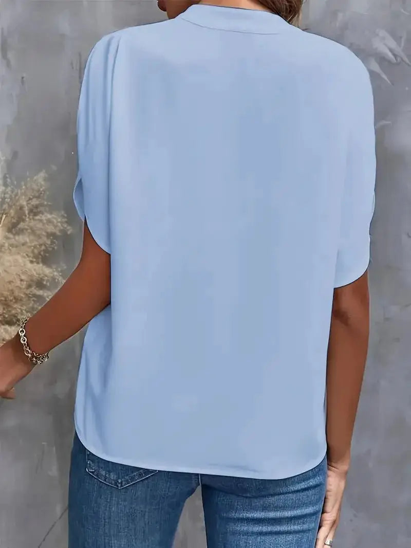 VEITCHE women's casual solid blouse in light blue with loose fit and short sleeves