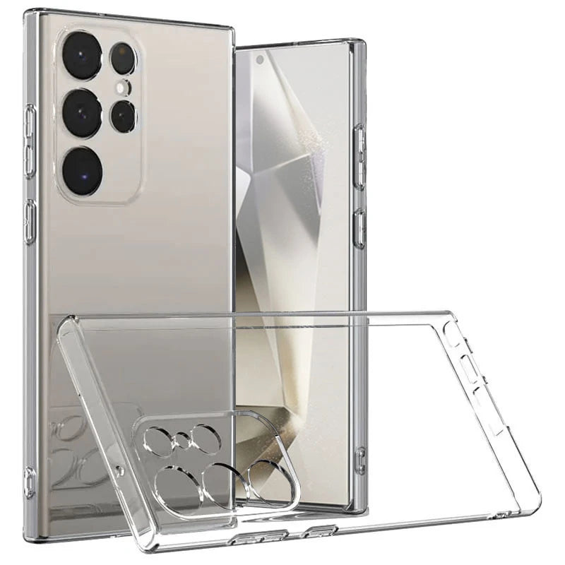Clear protective phone case for Samsung Galaxy S21–S26 Ultra series, transparent with camera openings