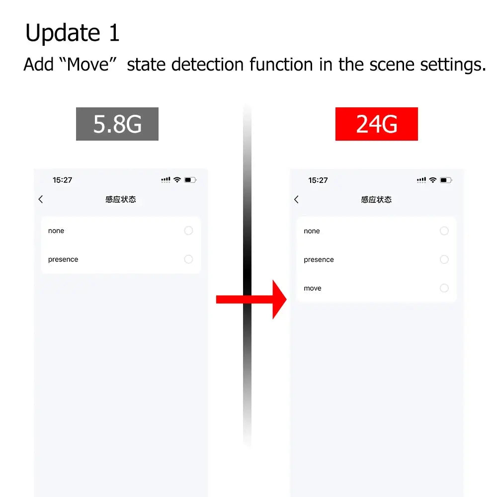 ZigBee WiFi mmWave Presence Motion Sensor by Simples Market; two app screens show Move state option in scene settings