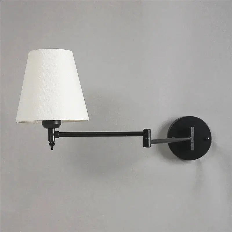 Nordic adjustable folding wall lamp with black metal arm and white fabric shade