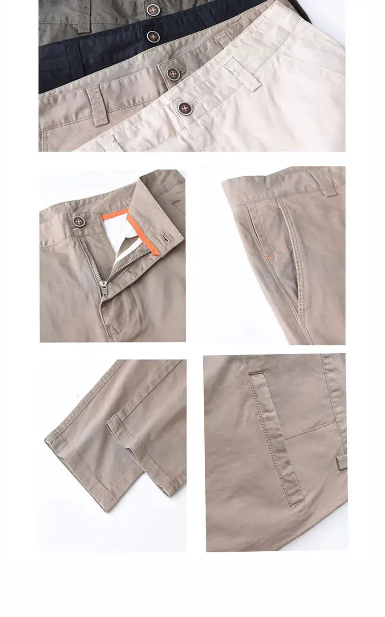 Men's cotton casual pants in beige, tan, black and navy; loose fit with belt loops and zipper fly.