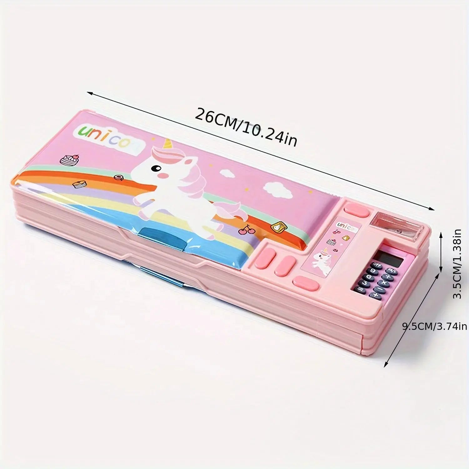 Kids multifunctional pencil case with calculator, unicorn rainbow design, pink and purple, Simples Market