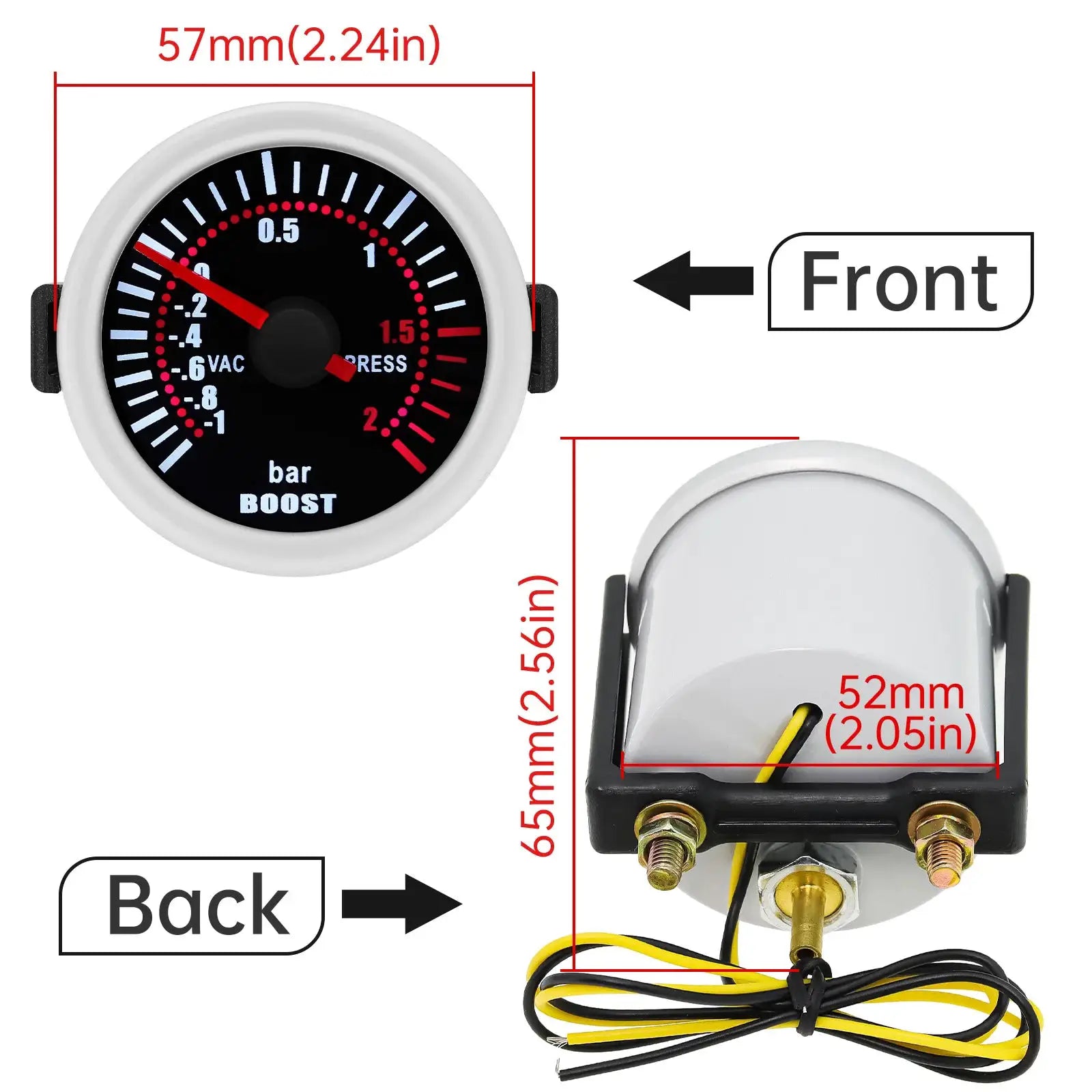 52mm white LED boost gauge with sensor for 12V petrol racing car, front and back views