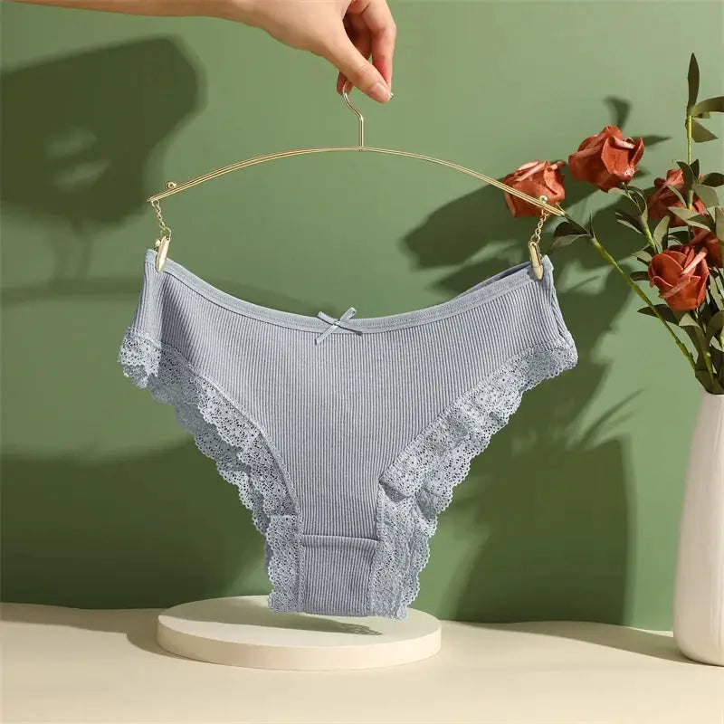 Women's gray ribbed cotton briefs with lace trim and small bow at front, underwear