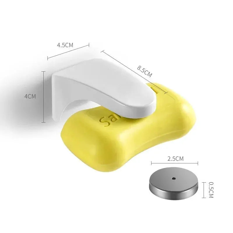 Magnetic soap holder with white clip and yellow base, bathroom accessory, includes round magnet disc