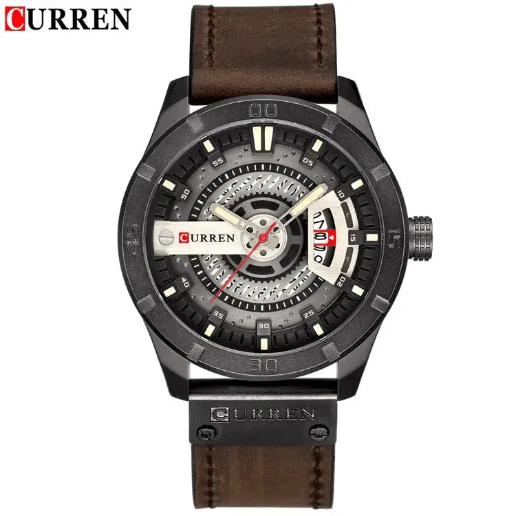 CURREN men's skeleton luxury watch with black metal case and brown leather strap, date display.