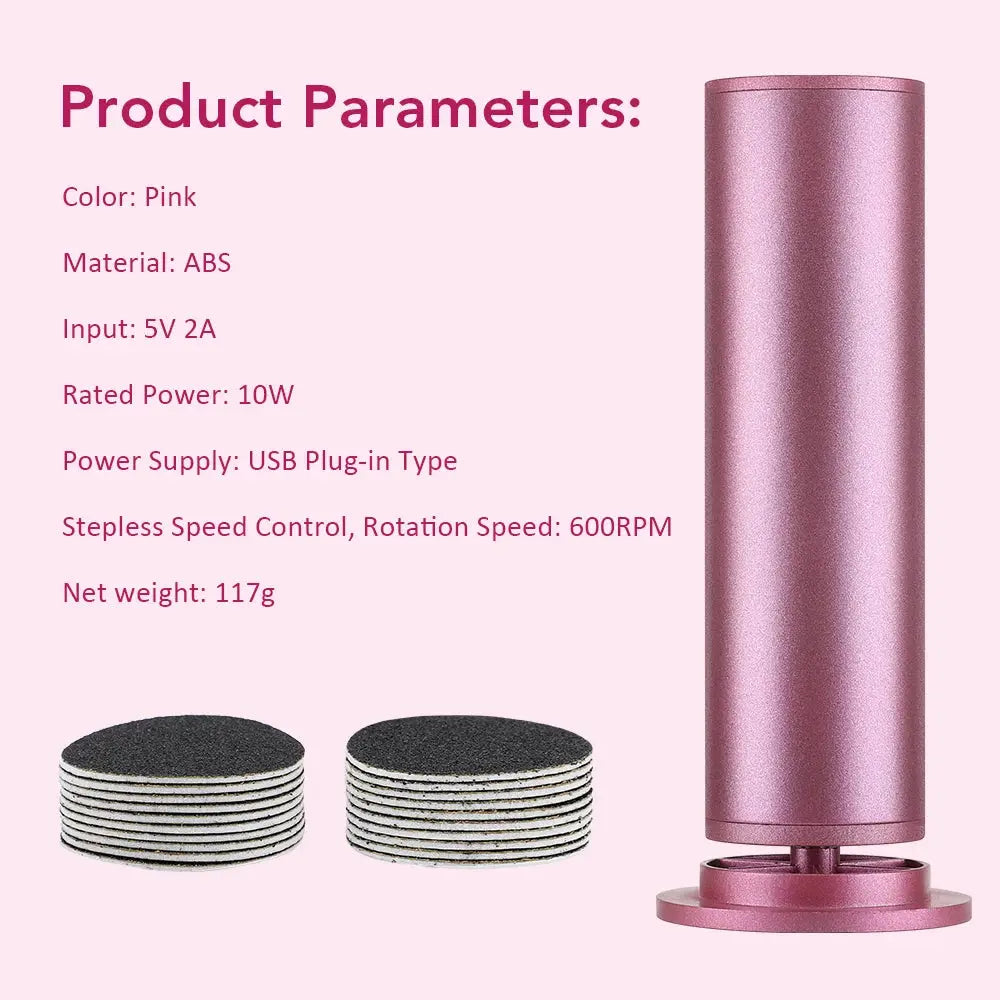 Electric foot callus remover by Simples Market in pink with two stacks of replacement sandpaper discs