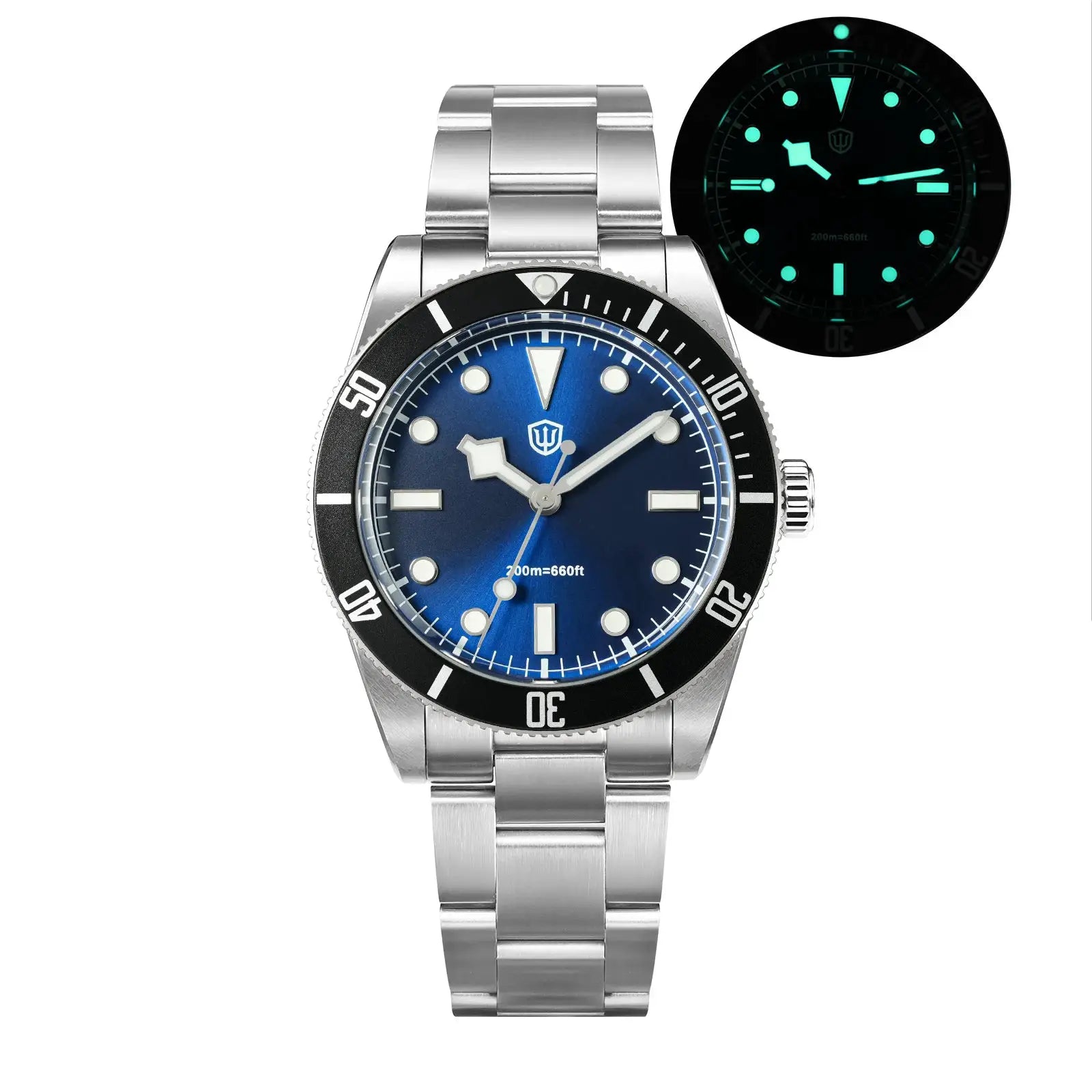 Watchdives WD7922 BB54 diver watch from Simples Market with blue dial, stainless steel bracelet, luminous markers