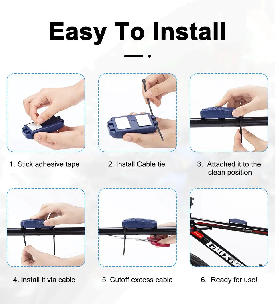 Simples Market 113dB bike anti-theft alarm with remote, six-step bicycle installation showing adhesive tape and cable ties