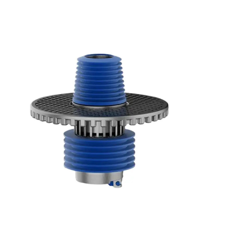 2-in-1 universal washing machine drain adapter with blue ribbed fittings and perforated metal flange