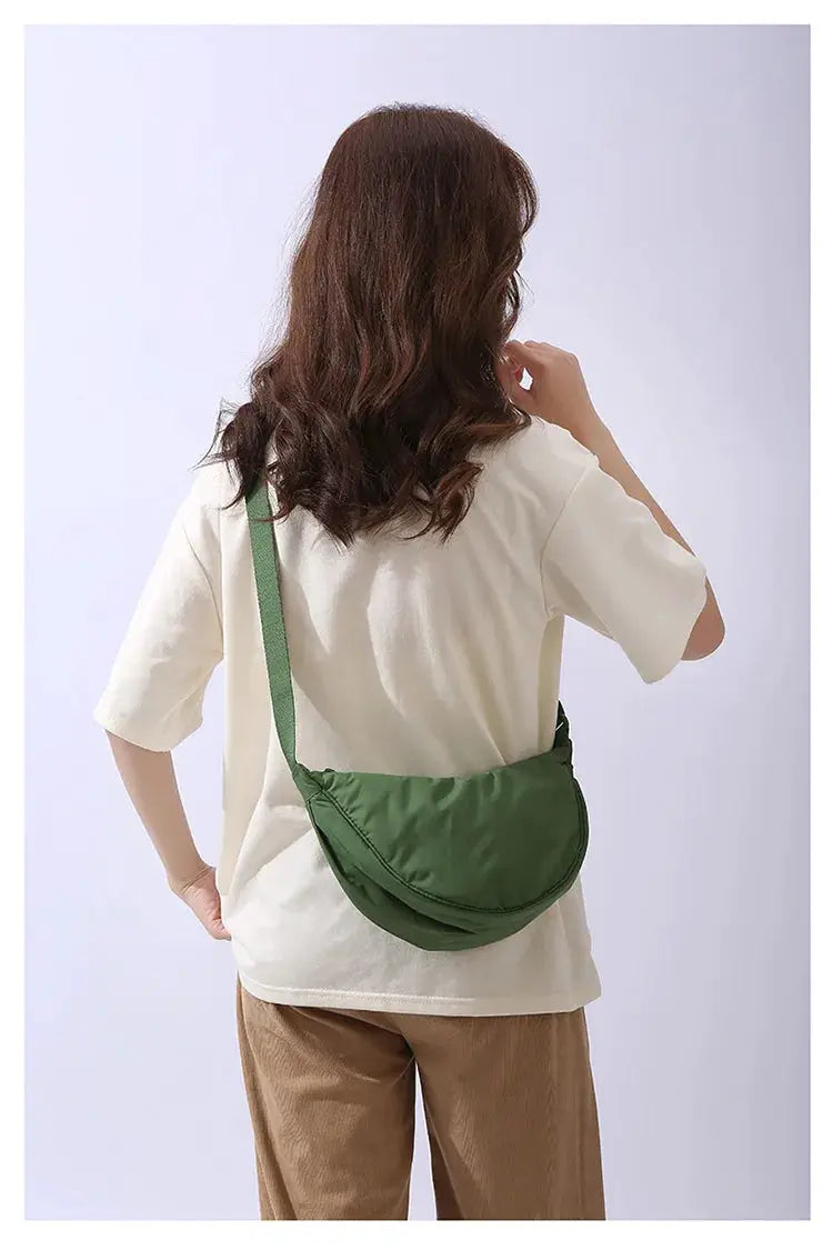 Solid-color green women's crossbody bag, padded nylon travel purse with shoulder strap