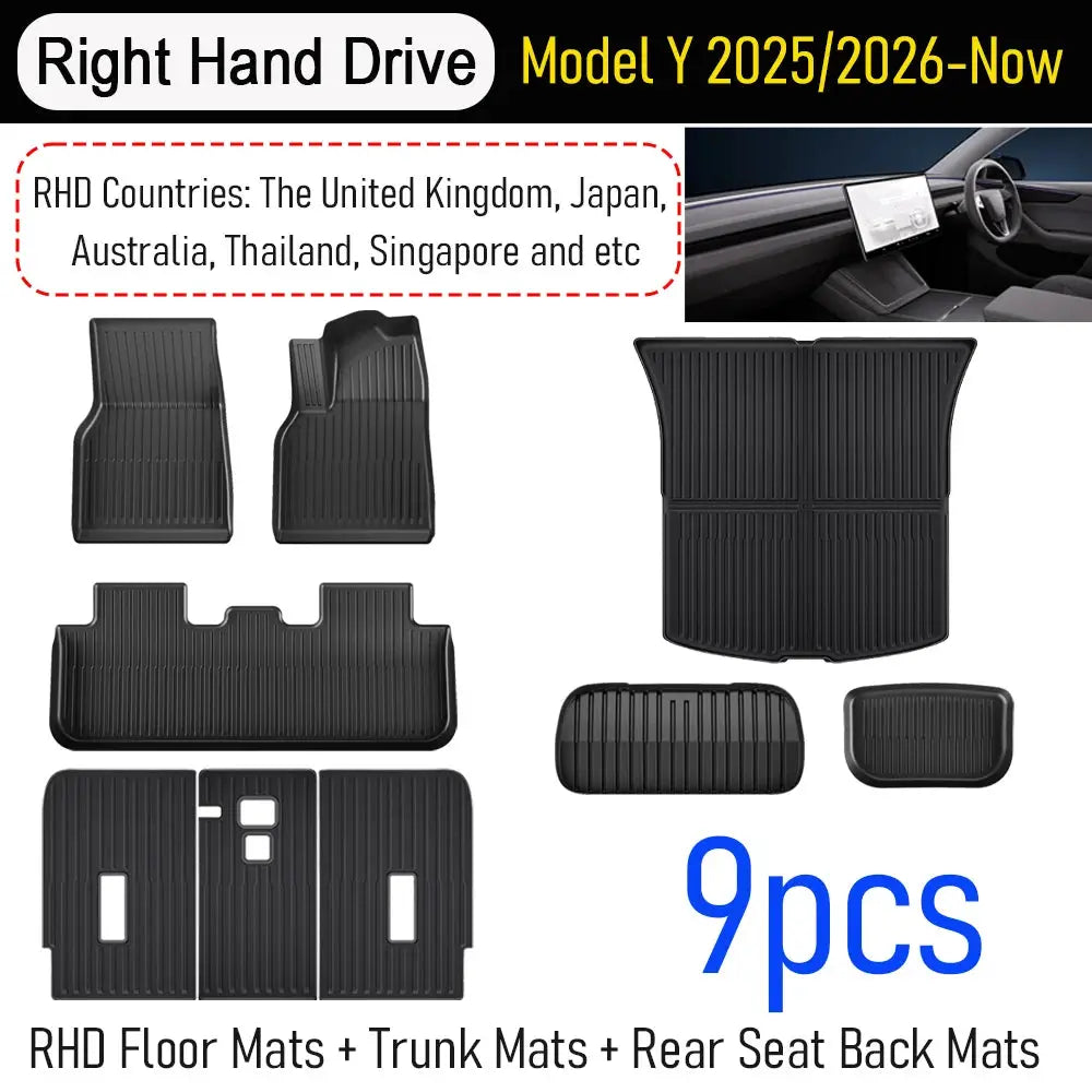 9-piece all-weather trunk and floor mats set for Tesla Model Y 2025–2026 by Simples Market, black TPE