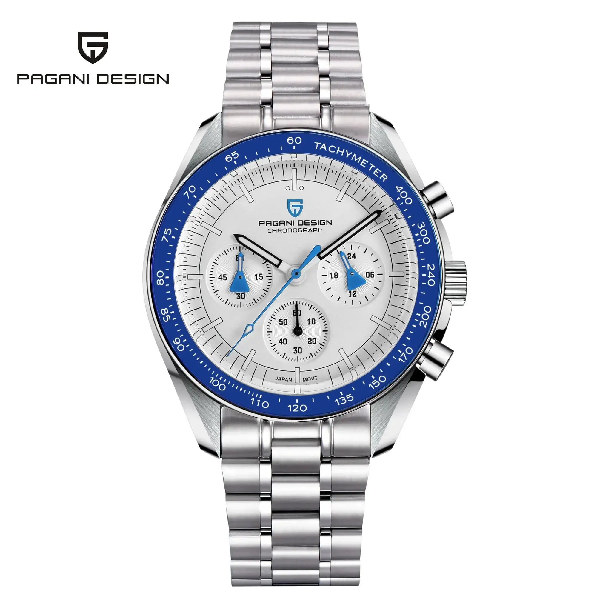 Pagani Design chronograph men's wristwatch with blue tachymeter bezel and stainless steel bracelet.