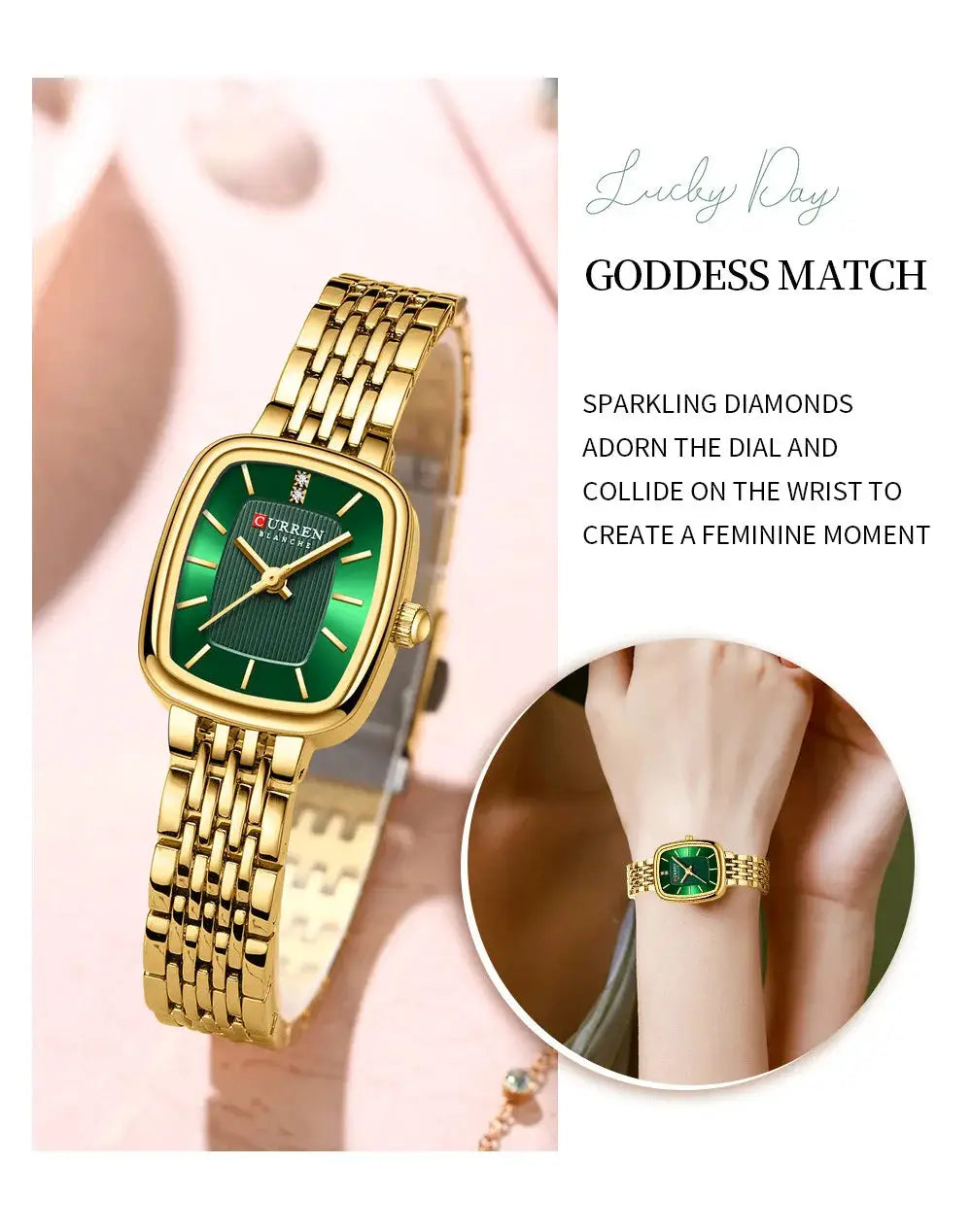 CURRN 9093 women's quartz watch in gold-tone with green dial and linked bracelet