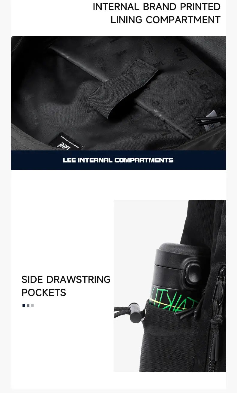 LEE lightweight 16 inch laptop backpack in black Oxford fabric with side drawstring bottle pocket