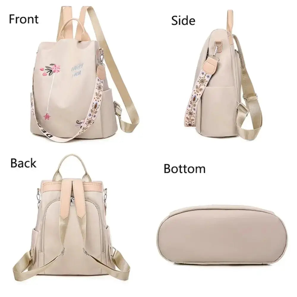 Waterproof Oxford women backpack in beige with floral embroidery strap, large-capacity anti-theft travel bag