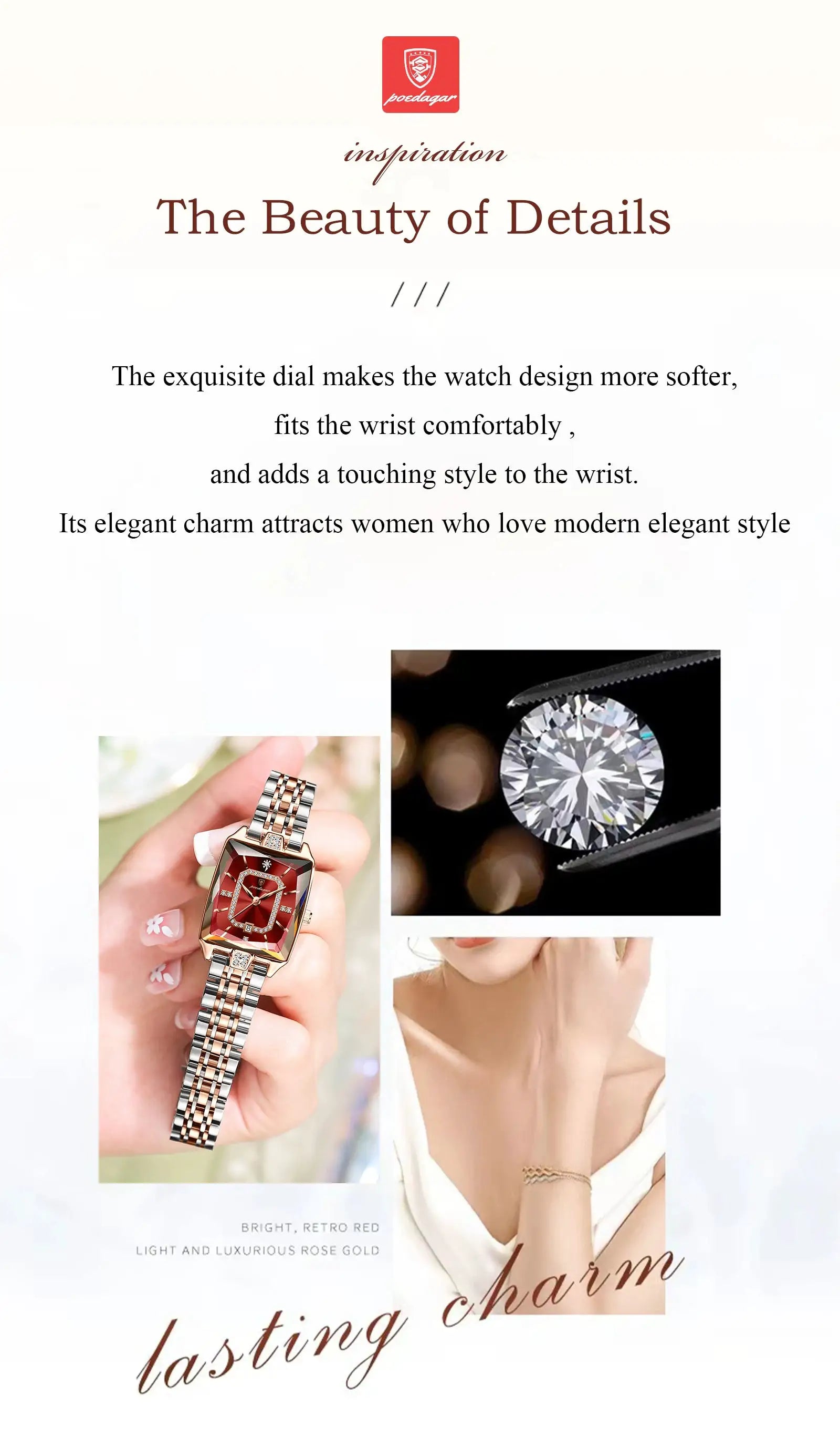 POEDAGAR luxury rectangle watch for women, two-tone stainless steel bracelet, red dial, calendar, waterproof quartz