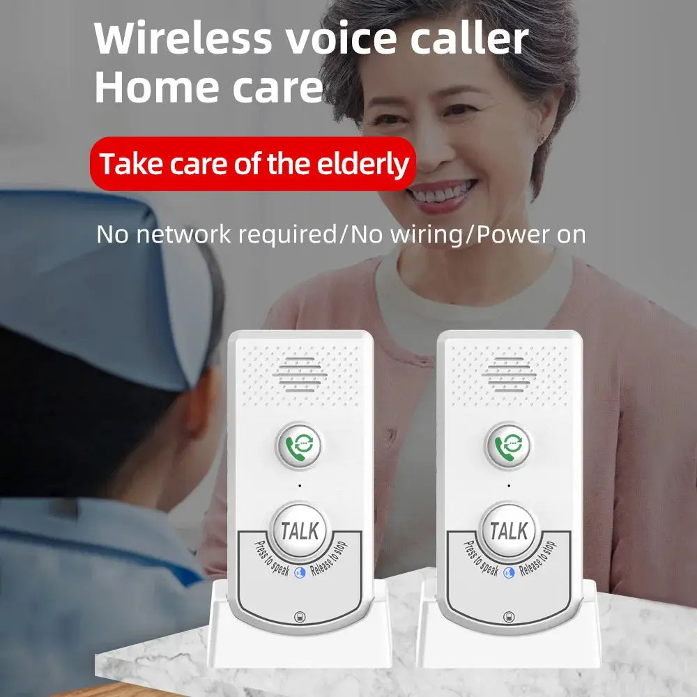 Two white H8-2T wireless home intercoms with stands, 2-pack for elderly care
