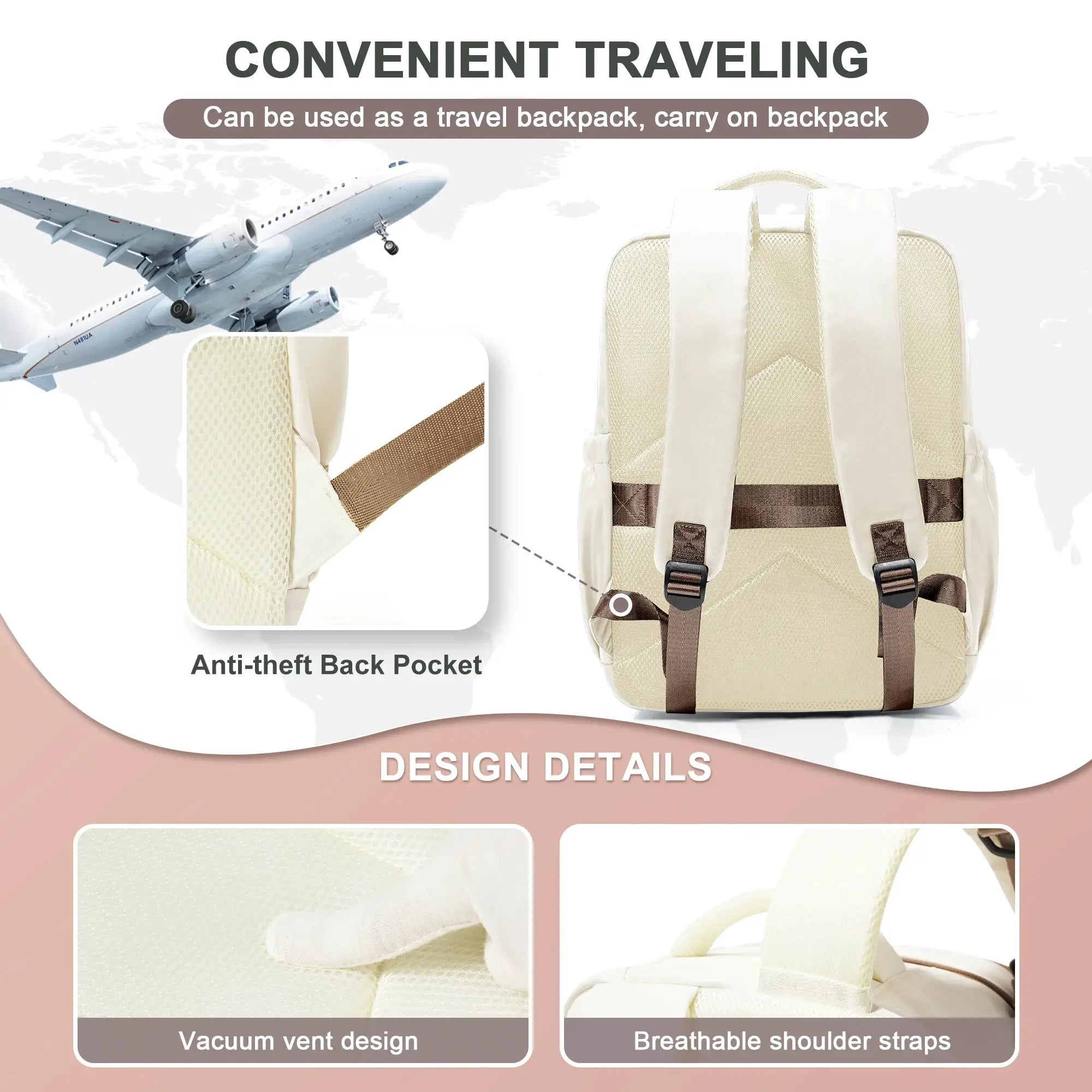 Cabin travel backpack by Simples Market, beige 40x30x20 with anti-theft back pocket and 15.6 inch laptop sleeve