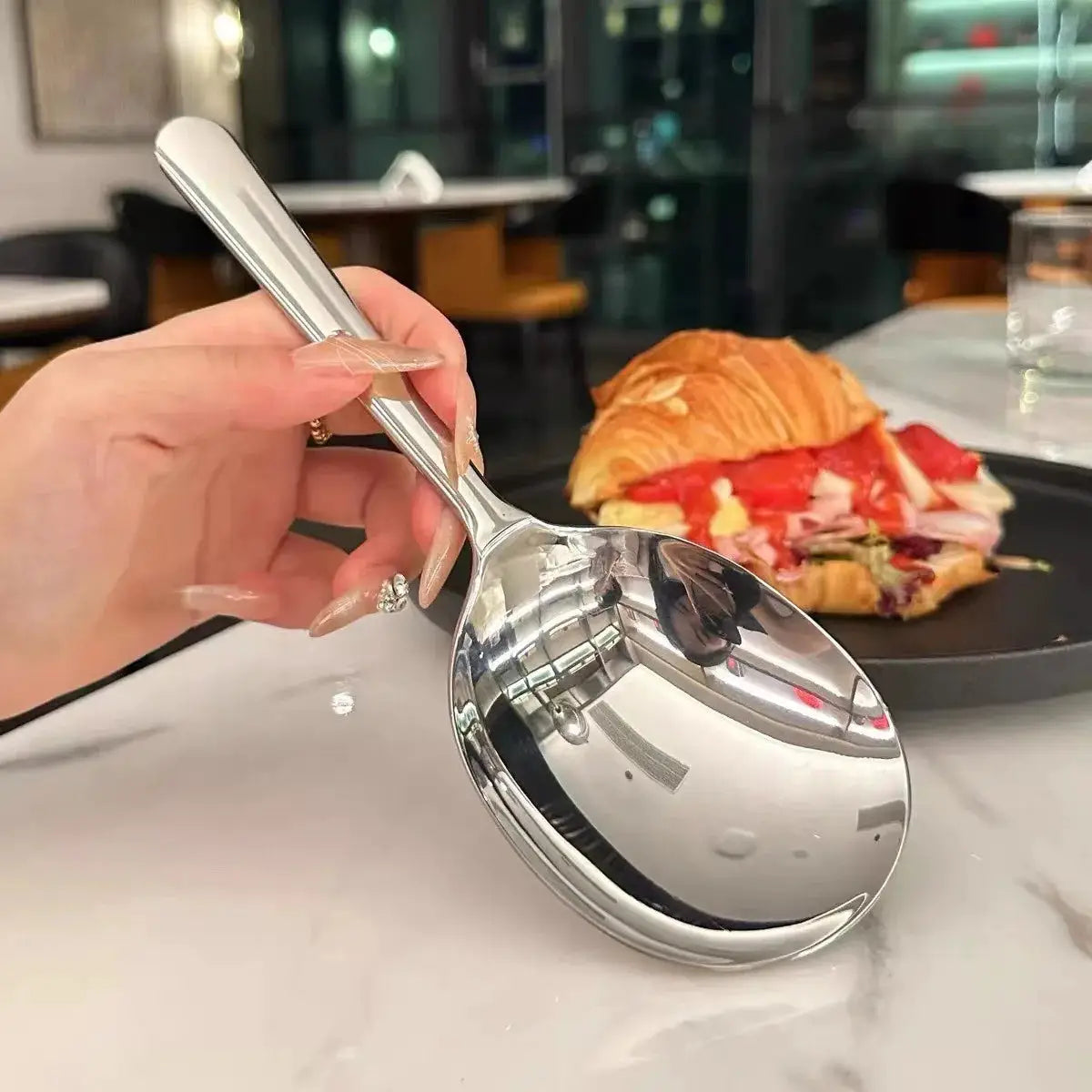 Heavy Duty Stainless Steel Serving Spoon With Heat Resistant Short Handle Drain Holes For Commercial And Home Kitchens