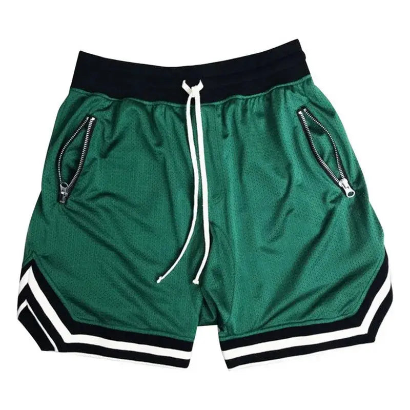 Men's green mesh basketball shorts with black waistband, white drawstring, zip pockets, and black-white striped hem